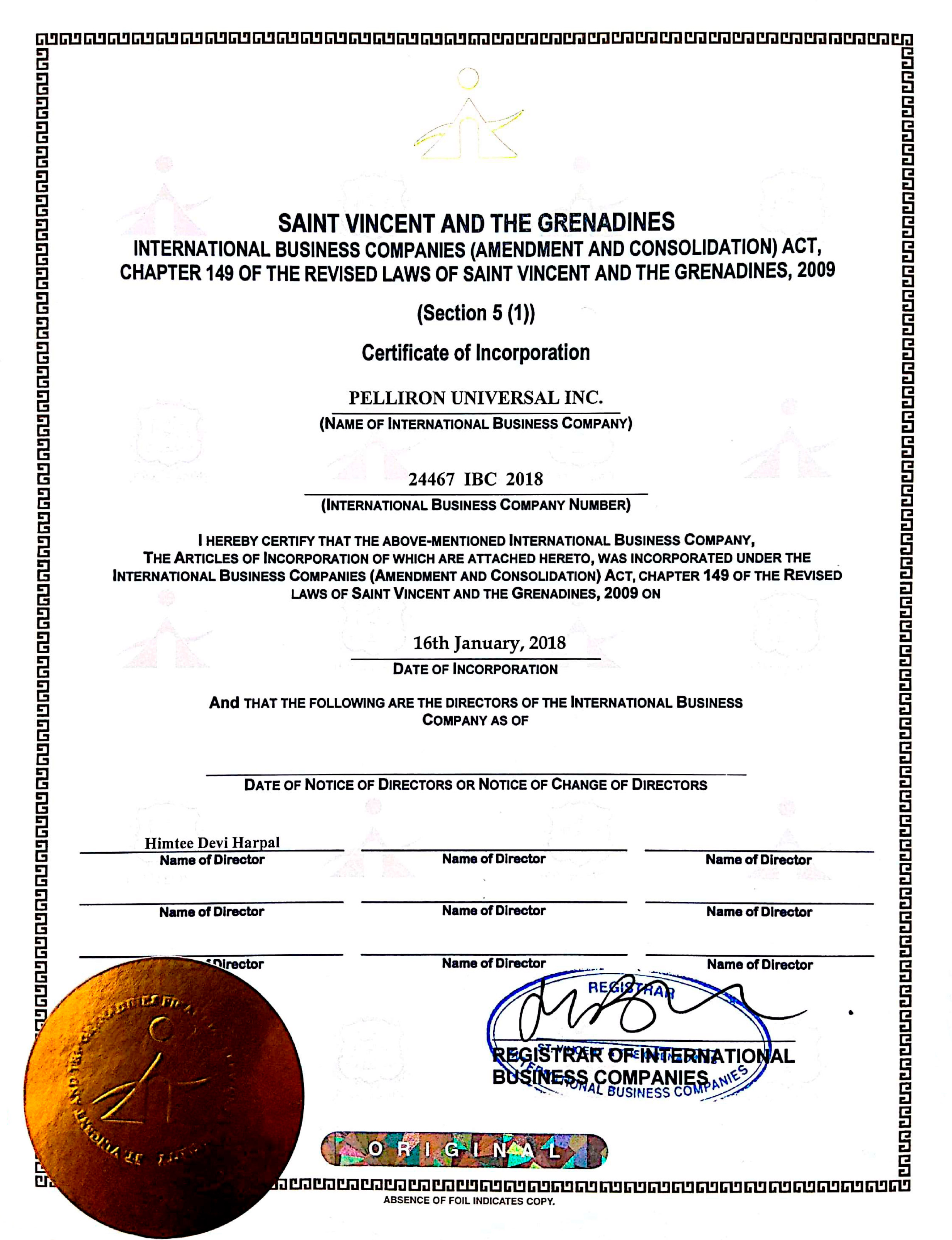 Сертифікат з фінансового нагляду Сент-Вінсента та Гренадін 1