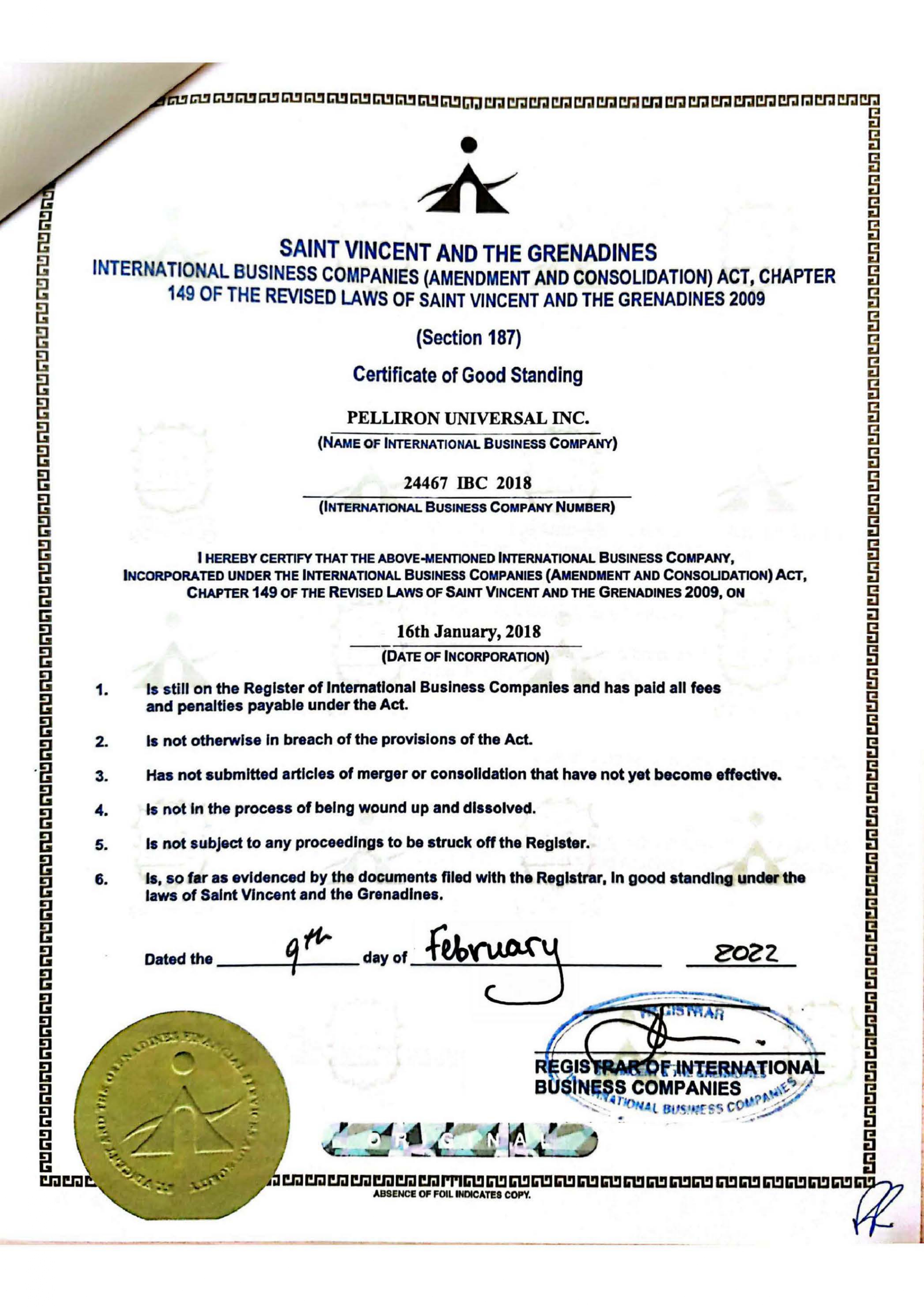 Сертифікат з фінансового нагляду Сент-Вінсента та Гренадін 5
