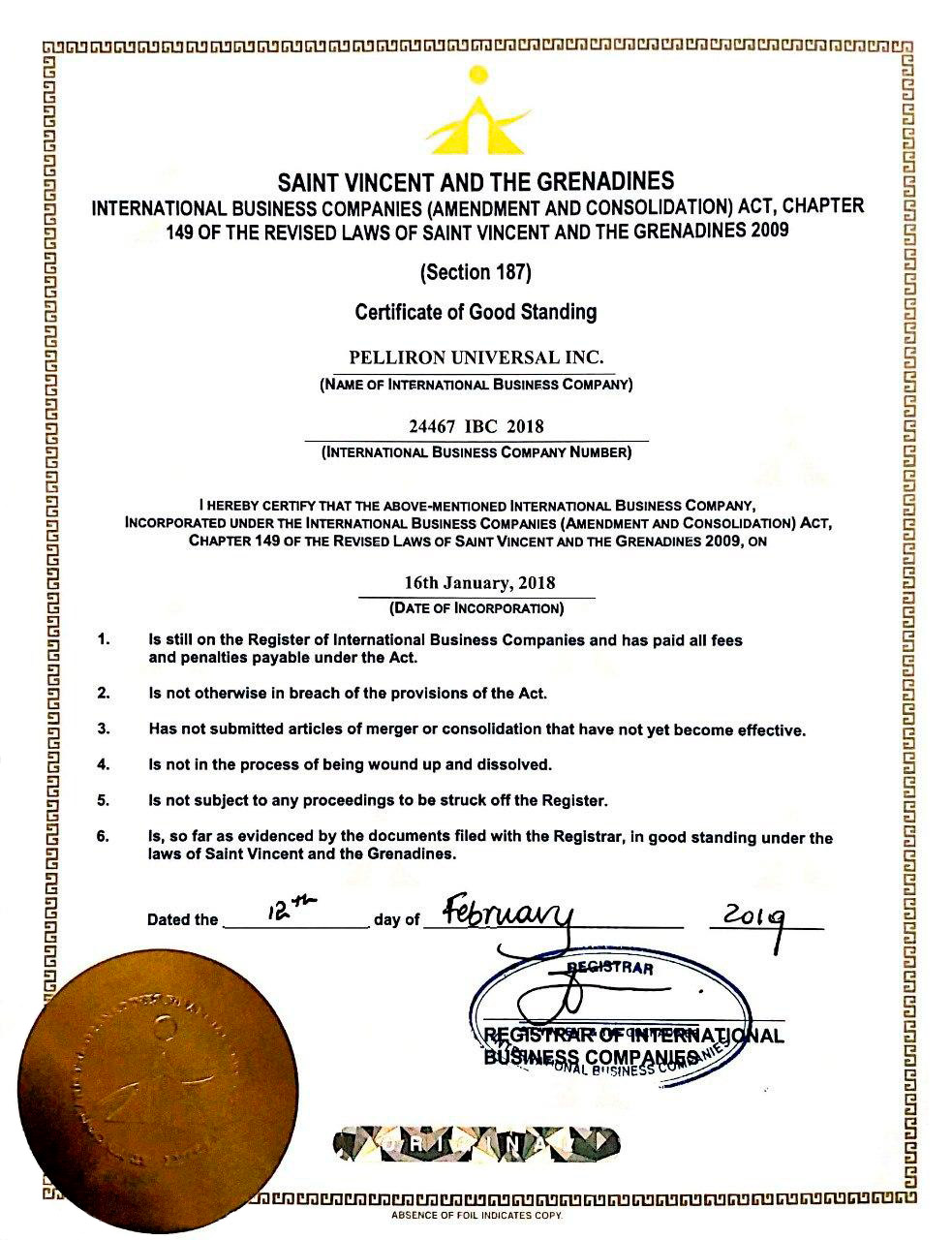 Сертифікат з фінансового нагляду Сент-Вінсента та Гренадін 2